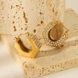 Geometric Gold Hoop Earrings with Crystal Detailing